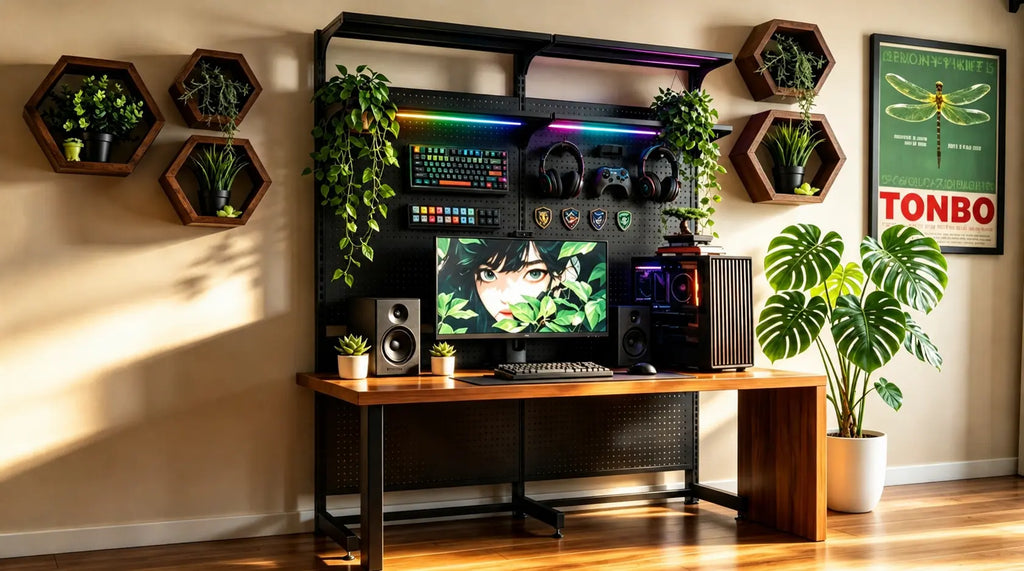 KOKO heavy-duty modular pegboard desk setup with integrated cable management and RGB lighting in an atmospheric, neon-lit creative studio and gaming battlestation at night.