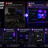 Infographic showing KOKO PegBoard's heavy-duty weight capacity, PC tower shelf support, and hidden cable routing for gaming setups.