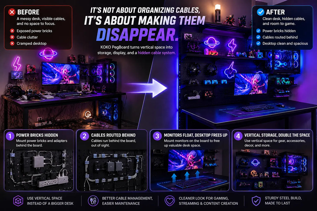 Before and after comparison showing how KOKO PegBoard hides power bricks and organizes a messy gaming desk.