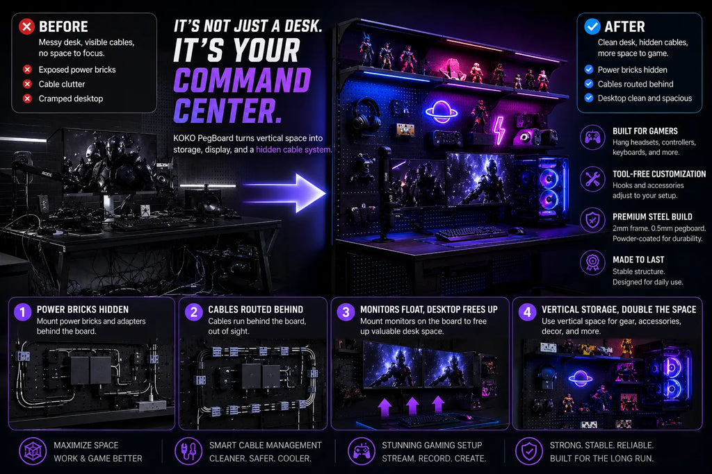 Before and after comparison of a gaming command center showing how KOKO PegBoard mounts dual monitors, hides cables, and maximizes desk space.
