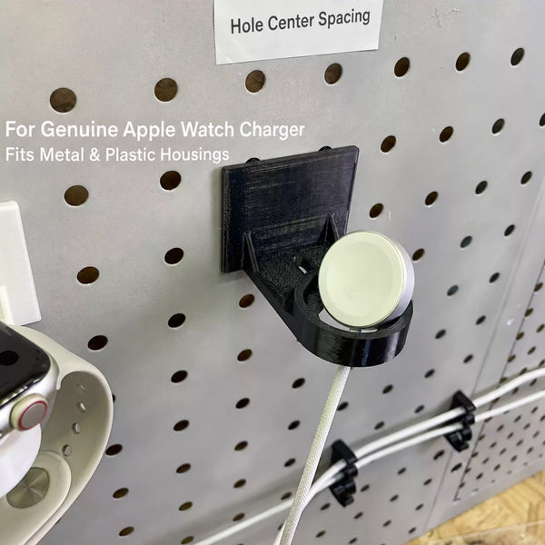 Black pegboard Apple Watch charger holder with an Apple magnetic charger puck and English fit labels.