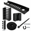 Black KOKO pegboard cable management kit on white, showing seven accessory types with quantity labels for 20 cable guides, 6 cable combs, and 10 bonus zip ties.
