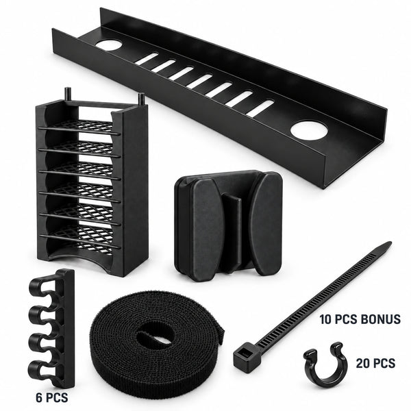 Black KOKO pegboard cable management kit on white, showing seven accessory types with quantity labels for 20 cable guides, 6 cable combs, and 10 bonus zip ties.