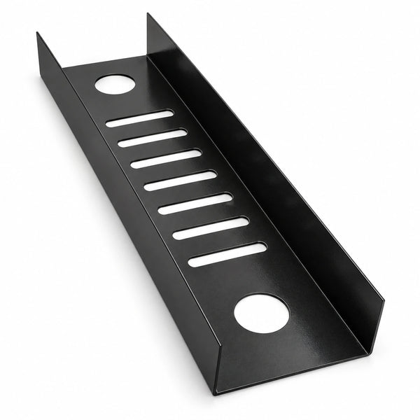 Black KOKO cable management tray with seven elongated slots and two round openings on a white background.