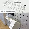 Diagram of a 140 mm KOKO pegboard charger adapter holder with four-adapter capacity and an installation photo.