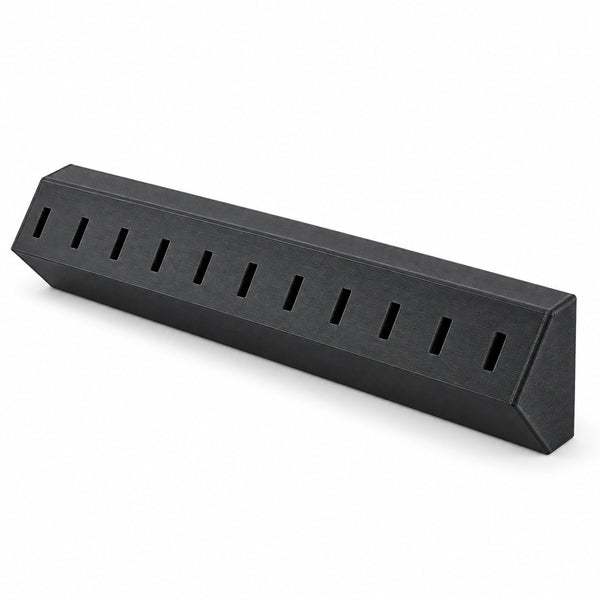 Black KOKO charging adapter storage rail with eleven rectangular slots on a white background.