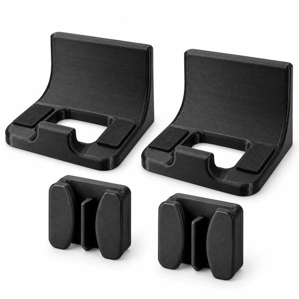 Two black KOKO pegboard controller holders and two matching coiled-cable holders arranged on a white background.