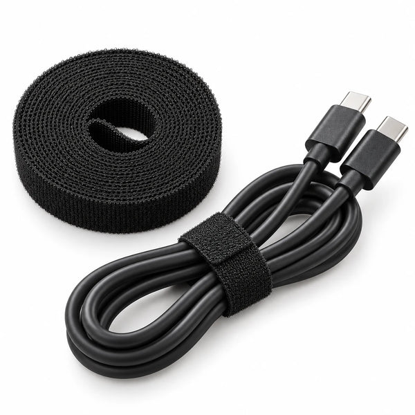 Black hook-and-loop fastening tape wrapped around a coiled USB-C cable, with a tape roll beside it on a white background.