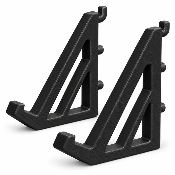 Two black pegboard keyboard support brackets on a white background