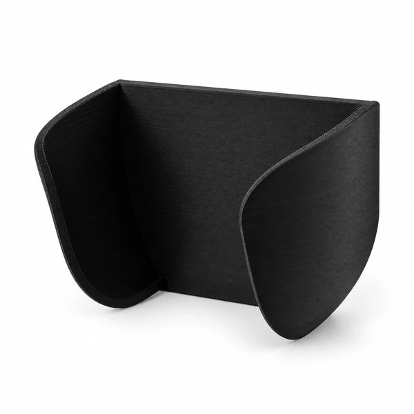 Black KOKO pegboard mouse holder with curved side supports on a white background.
