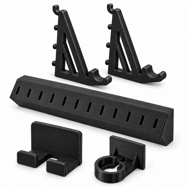 KOKO Life Companion black pegboard organizer kit with two tablet brackets, phone holder, smartwatch charging puck holder and adapter rail on white.