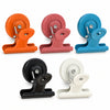 Five magnetic photo clips in orange, rose, blue, black and white on a white background.