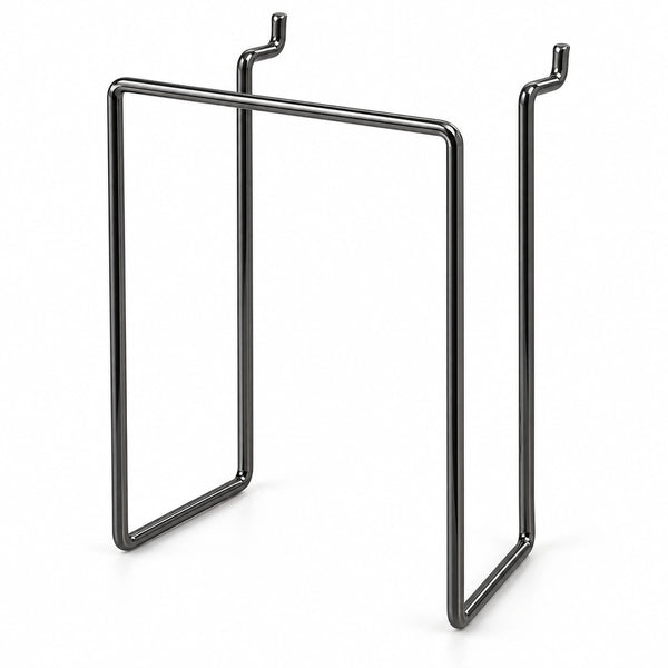 Dark gunmetal KOKO pegboard router holder with two rear mounting hooks on a white background.