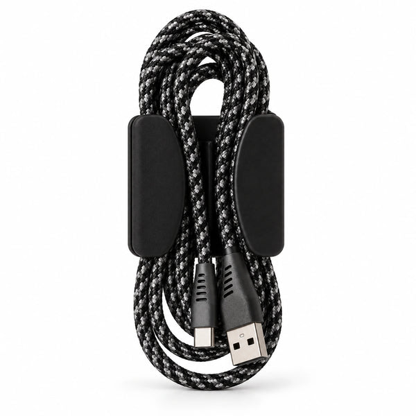 Coiled black-and-gray USB cable held by a black KOKO cable organizer on a white background.