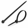 Black zip ties with rectangular locking heads, shown straight and fastened into a loop on a white background.