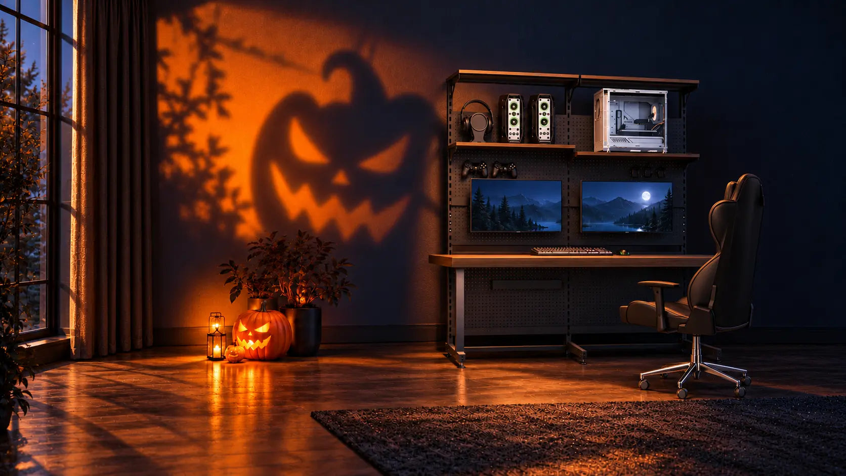 KOKOPEGBOARD gaming desk in a dark Halloween room with jack-o'-lanterns and a pumpkin projection.